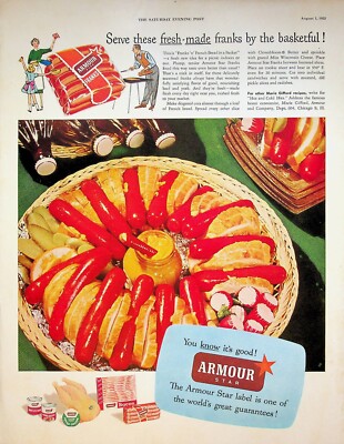 1953 Armour Star Franks Vintage 1950s Print Ad Fresh-Made Basketful Mustard Buds