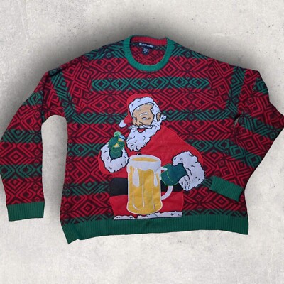 Ugly Christmas Sweater Mens Sz XL Santa Claus Drinking Beer WITH BEER  POCKET