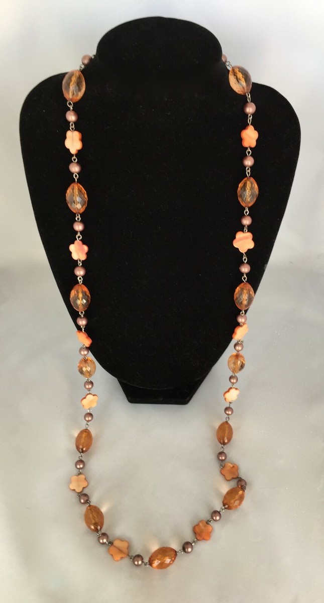 Sautoir Vintage LDADPR Années 70-80 En Fonte De Verre, Perles Nacrées Et Métal Argenté – Couleur Miel Orangé
