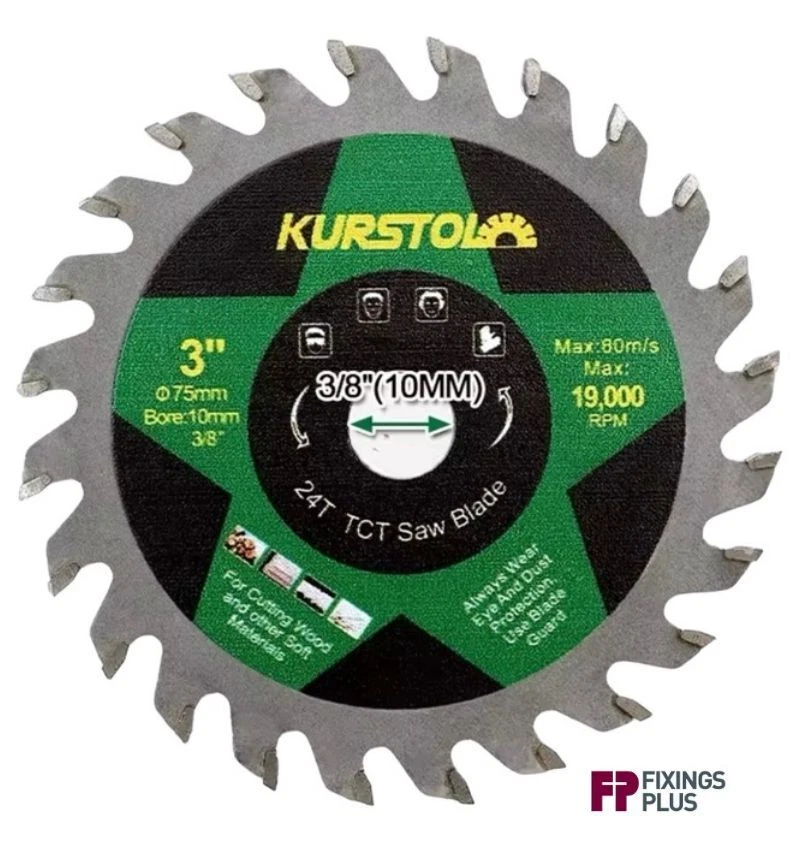 KURSTOL 75mm TCT Circular Saw Blade Wood Cutting 10mm Bore 24T 3" Wood Timber Blade DIY