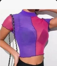 y2k Purple pink mesh crop top color block 2 tone mock neck short sleeve shirt