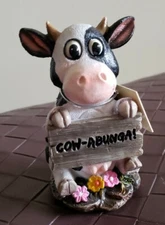 Brand NEW Cow Figure Holding Sign "Cow-Abunga!" by DWK Corporation NWT 4" Tall