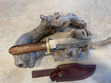 Large Damascus Bowie knife w Rosewood handle brass hilt leather sheath