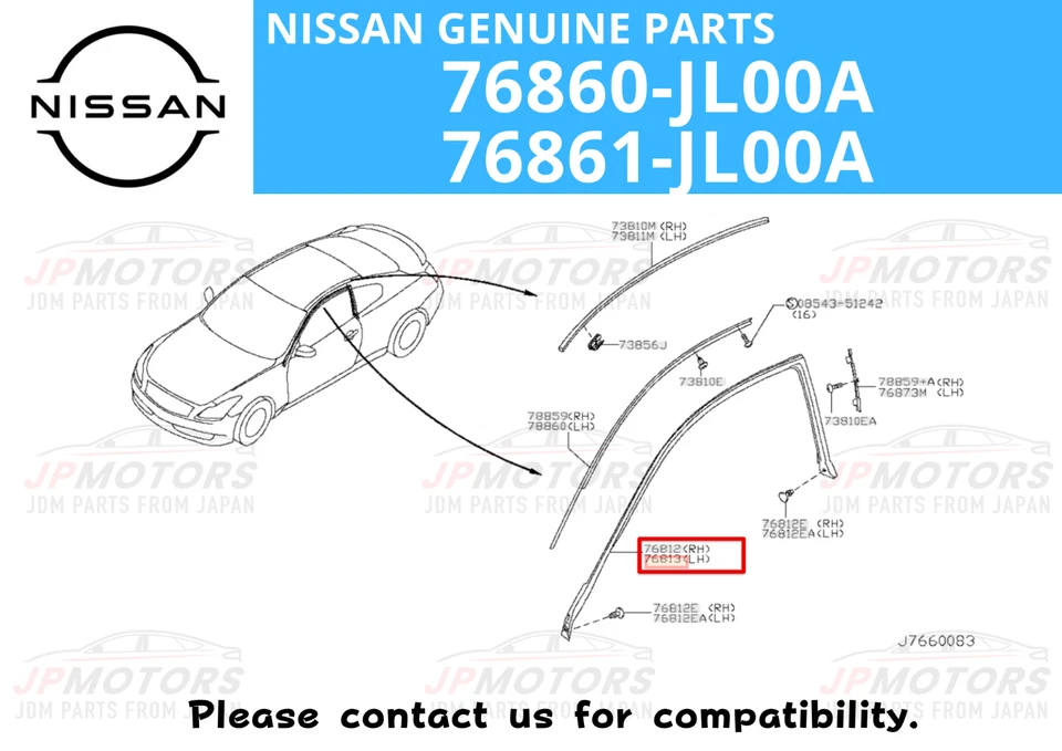 Juego de tiras meteorológicas laterales de carrocería originales Nissan Infiniti G37 Q60 76860 76861-JL00A Foto 2 de 4