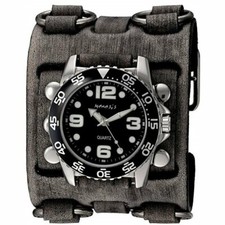 Black Groovy Men's Watch with Vintage 3 straps detailed wide Leather Cuff Band F