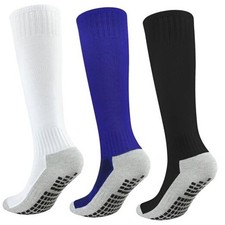 Kids Grip Soccer Socks Boys Knee High Socks Large 3 Pairs, Black blue white