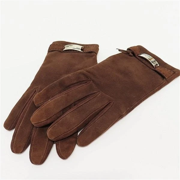Authentic FENDI Five Finger Gloves Brown Leather 100% Cashmere Size M