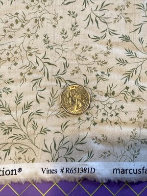 1800's Reproduction cotton Marcus Fabrics Freedom Rings Green Vines On Beige
