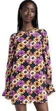 $385 Rhode Nara High Neck Long Sleeves Floral Mini Dress Purple Aquarelle Sz S