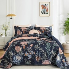 King Size Quilts Navy, 3 Pieces Boho Floral Bedspread Bedding for King Size B...