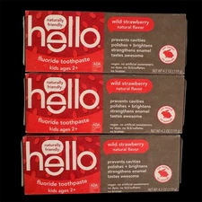 Hello Kids Wild Strawberry Fluoride Toothpaste Pack of 3 Natural Flavor 4.2 Oz
