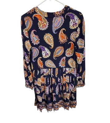 Tory Burch Pleated Paisley Print Navy Blue Silk Knee Length Dress Size 8 |  eBay