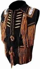 Men's Native American Western Style Suede Leather Black Vest Fringed & Beaded