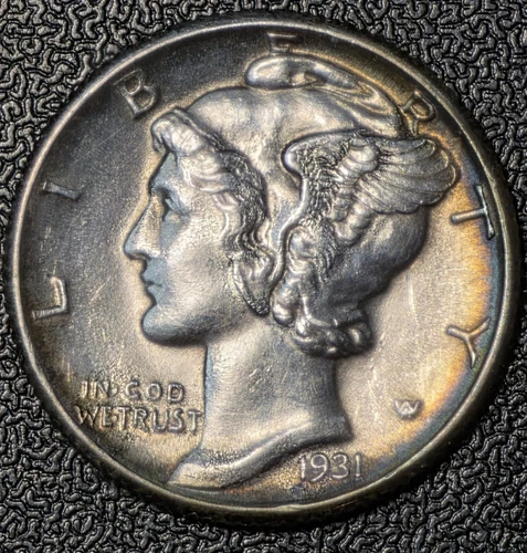 1931 P Mercury Silver Dime - Obv/Rev Rim Toning BU UNC MS #ADR1