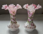 Pair Of Fenton Charleton Peach Crest 8" Ruffled Hand Painted Vases Pink Rose