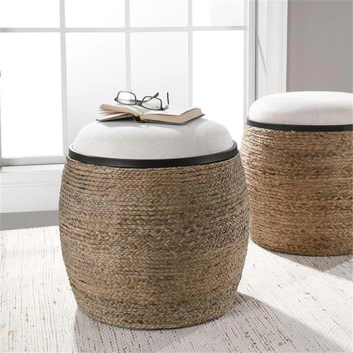 Uttermost Island Coastal MDF and Iron Straw Accent Stool in Black/Beige - Picture 1 of 5