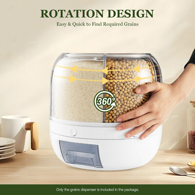 6 in 1 Rice Dispenser Dry Grain Storage Container Tank Box 10KG 6-Grid Rotating