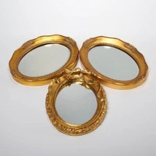 Baroque Rococo Style Gold Gilt Wood Small Oval Mirror 3pc Set 6.5" x 8.5"