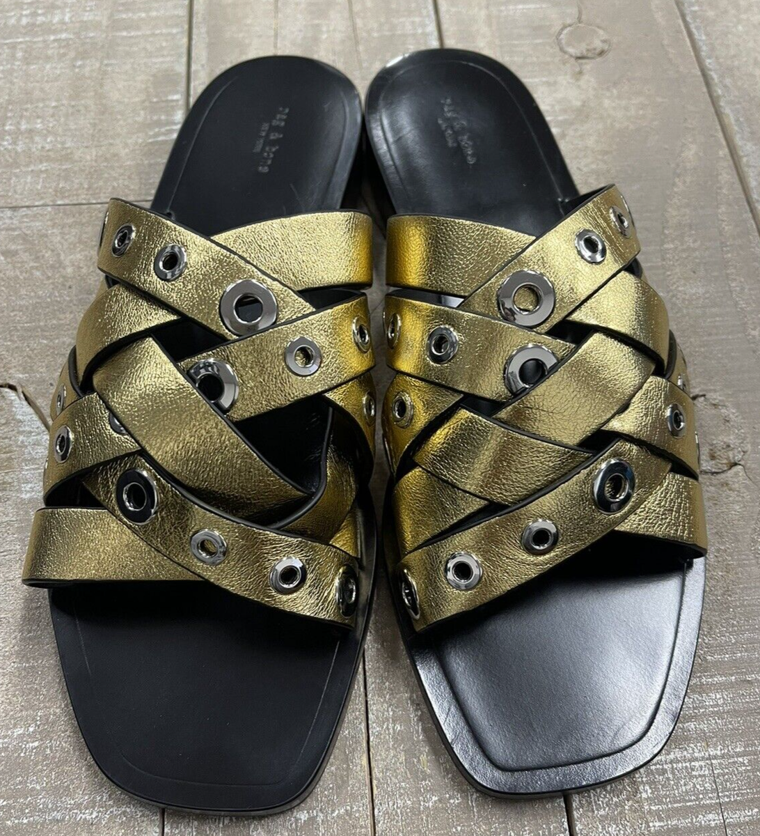 NIB $350 Rag & Bone Hartley Flat Sandal In Gold Grommet Size  display picture 1