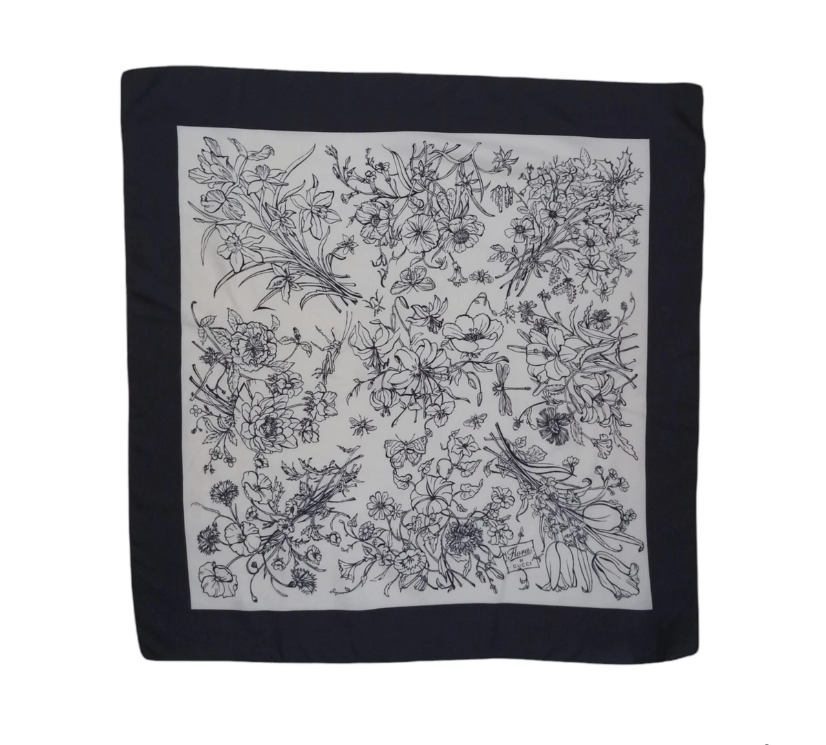 FLORA BY GUCCI Black White Floral Silk Scarf ITALY 25.5