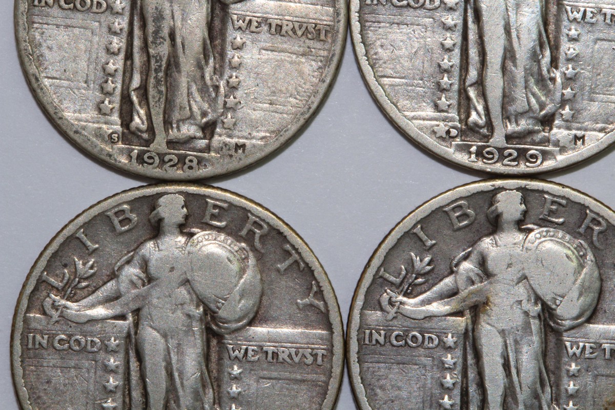 1928-S F, 1929-D VF, 1929-P VF, 193-P VF Standing Liberty Quarters