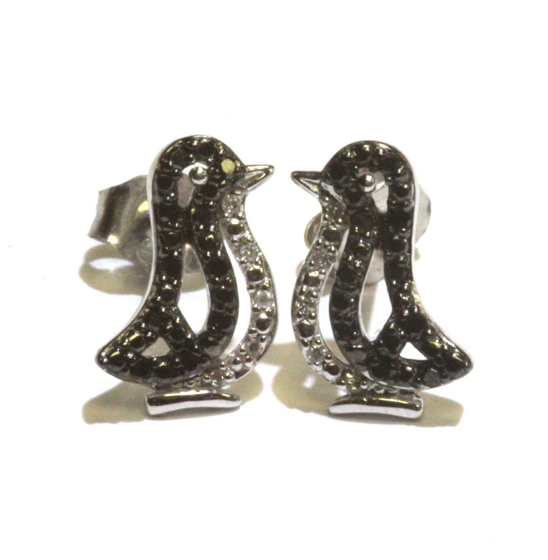 New 925 sterling silver .12ct black white diamond penquin studs earrings