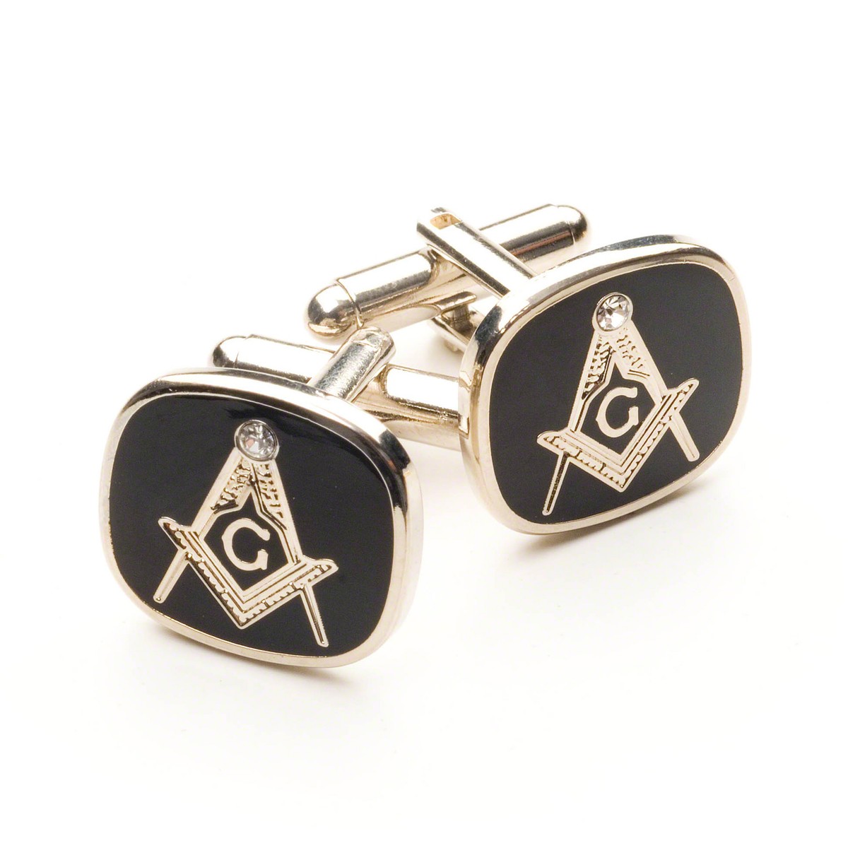 Boutons De Manchette Maçonniques - Design Moderne Noir Et Argent (carré & Compas) - Neuf Emballé