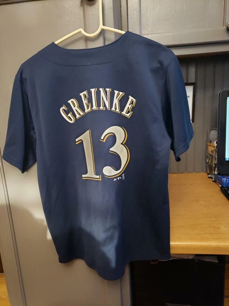PRE OWNED MLB MILWAUKEE BREWERS ZACK GREINKE MAJESTIC JERSEY YOUTH SIZE 14 16