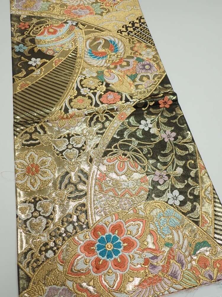 1D02z190 Japanese Kimono Silk Obi FABRIC material Tsuru Gold 52.0