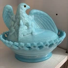 WESTMORELAND EAGLE NEST AND CHICKS BLUE milk glass  DISH HON hen on nest vintage