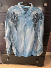 Men’s Distressed Blue With Black Embroidered Shirt By Roar Sz XL