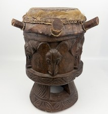 Bamileke Drum Carved Wood Elephant Design Fur Trim Cameroon Africa Tribal Art