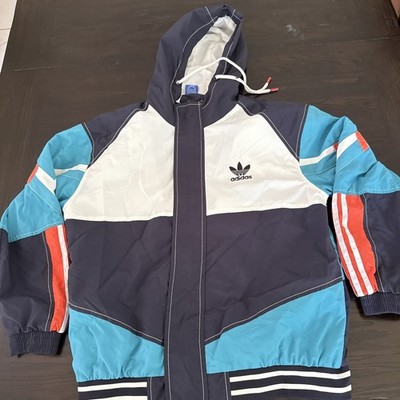 Men's Large Adidas Hooded Courtside Windbreaker Jacket White Turquoise  Orange