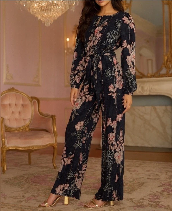 Mono Anthropologie Harlyn Audria Negro Floral Jacquard Bolsillos Talla Grande Nuevo con Etiquetas Foto 2 de 4