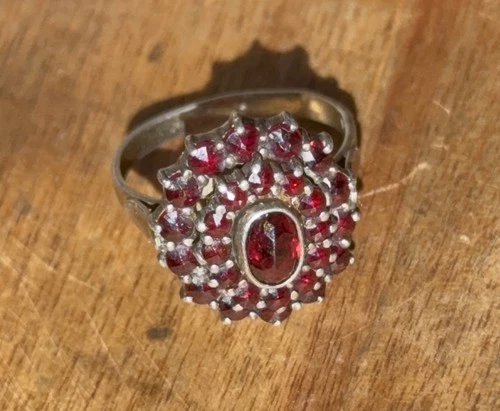 Vintage Bohemian Garnet Cluster Ring 900 Silver early 20th century Size 10