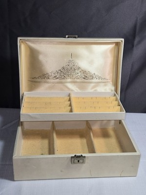 Vintage Lady Buxton Jewelry Box 2 Tier Beige Yellow Velvet Made In USA