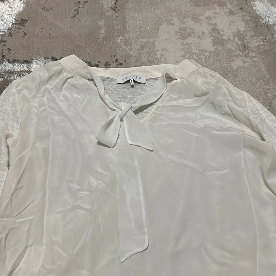 Sandro (US 2) Womens Seiren Silk Linen Tie Blouse Parisian Style s Cream - Image 4 of 4