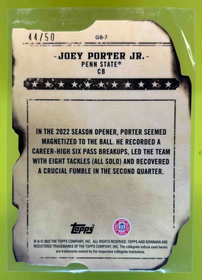 2022 Bowman Best U Joey Porter Jr. Gunslingers & Bandits Die Cut Lava /50 #GB-7 - Image 2 of 4