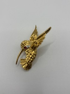 Authentic Vintage D’Orlan Hummingbird Brooch Rich 24k Gold Plated Finish With Ruby Crystal