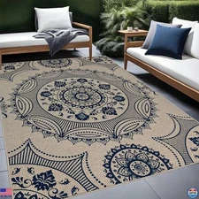 USTIDE 5x7 Washable Blue Floral Jute Outdoor Rug, Non-Slip Indoor Area Carpet