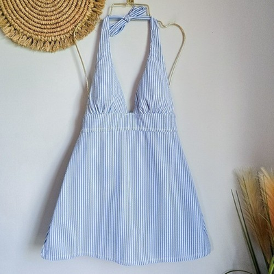 #ad J. Crew New Blue amp; White Seersucker Plunging Halter Swim Dress Swimsuit SZ 6 $58.00