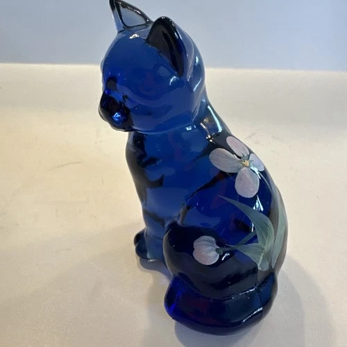 Fenton Cobalt Blue Cat Signed Hand Painted Floral Figurine