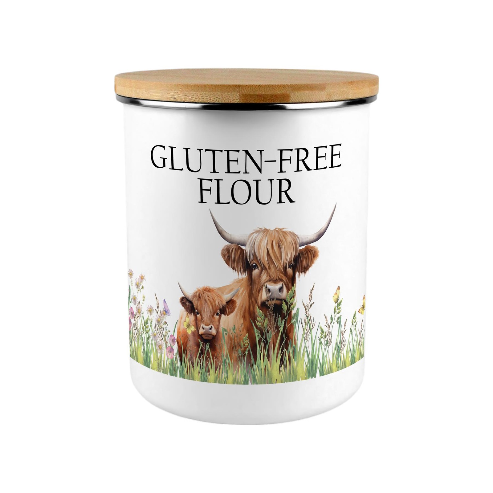Highland Cow & Calf Gluten-Free Flour Storage Canister - Ideal Kitchen Gift