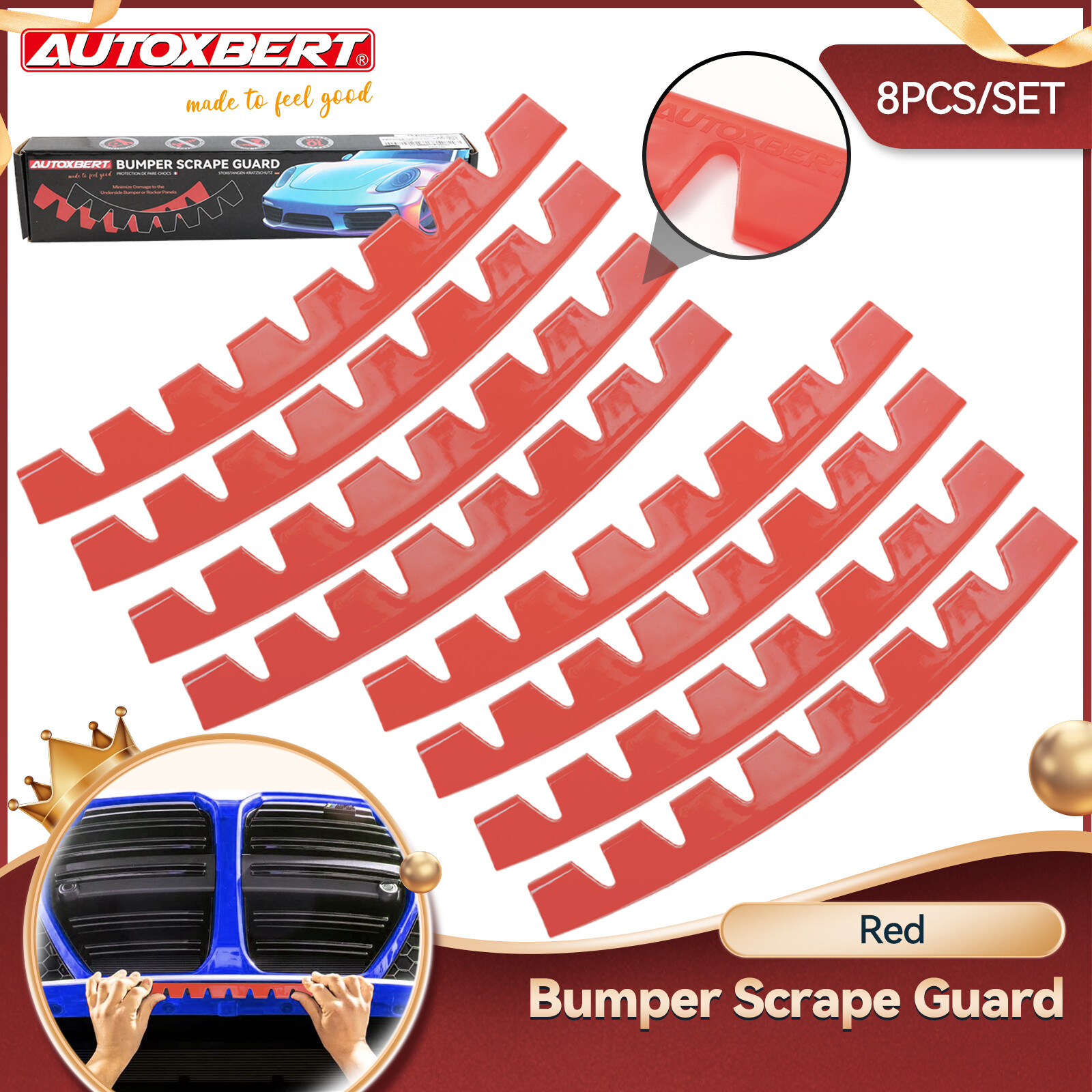 8PCS Red Universal Car Bumper Guard Anti-Scratch Protector Skid Plate