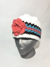 Womens Hand Knit Skully Beanie Cap- White W/ Large Red Flower. Cable Knit.