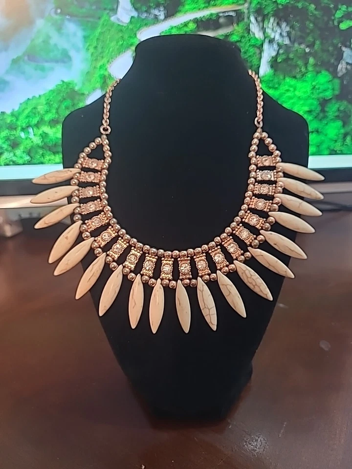 Tibetan Style Statement Necklace Rose Gold crystal w Almond Beads - Image 4 of 4