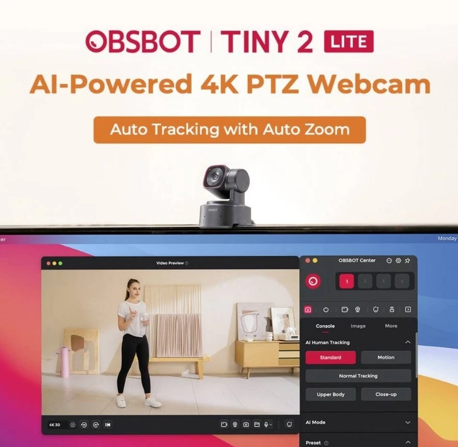 Obsbot Tiny 2 Lite Webcam 4K UHD AI-gesteuert KI-Auto-Tracking Gestensteuerung - Bild 2 von 4