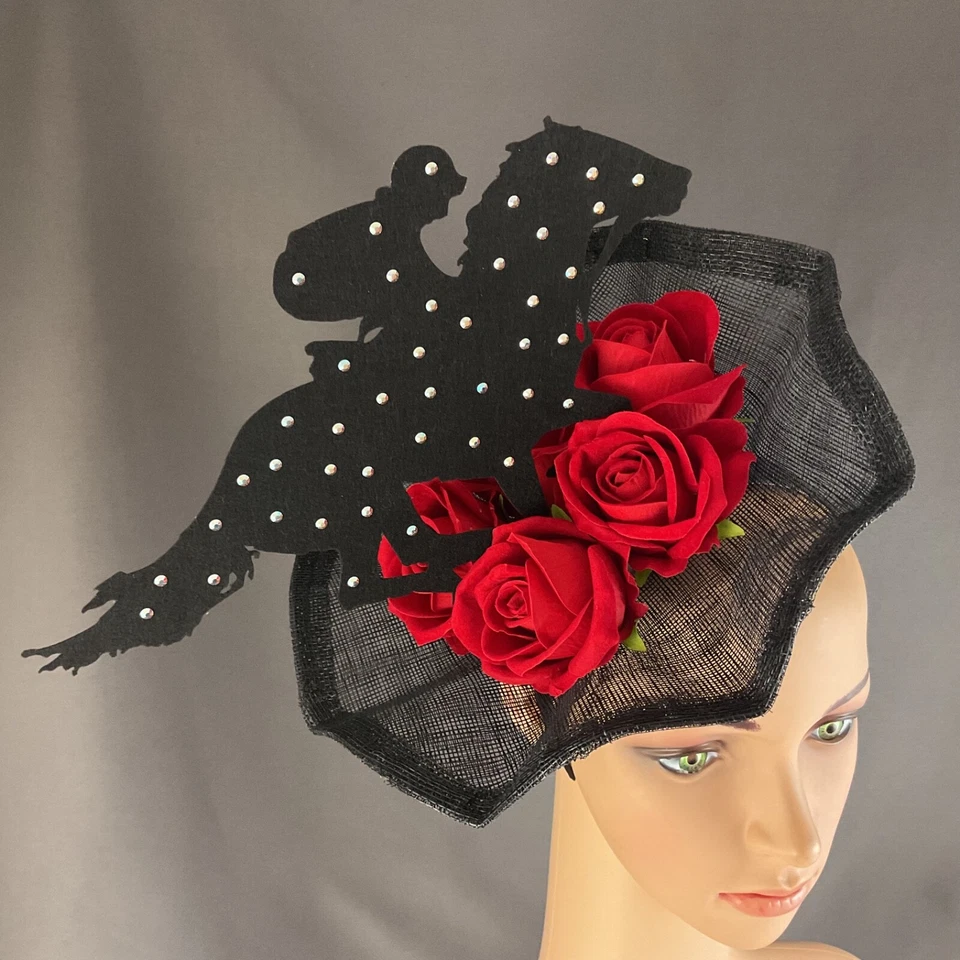 Vestido Red Rose Horse Kentucky Derby Negro Fascinator Preakness Belmont Del Mar Foto 4 de 4