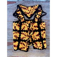 Vintage 1970s Crochet Granny Square Vest Sweater Matching Hair Scarf XL