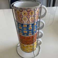 Pier 1 One Imports Set of Four Stackable Coffee /Tea Cups Hand Painted
